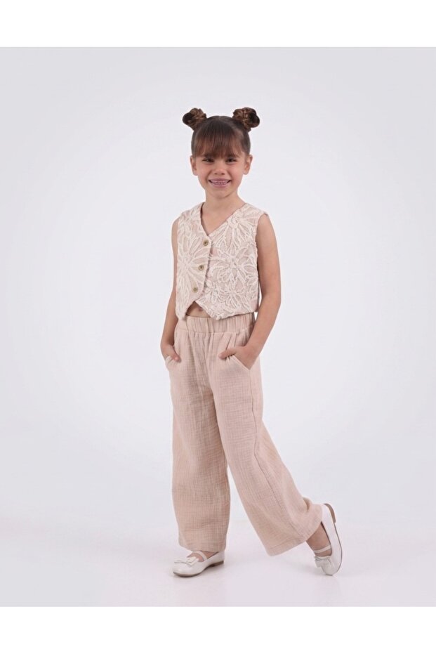 Embroidered Vest and Muslin Fabric Trousers Set