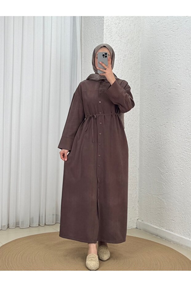 فستان ساديت بزر أمامي وربطة عنق - GS8358 بني