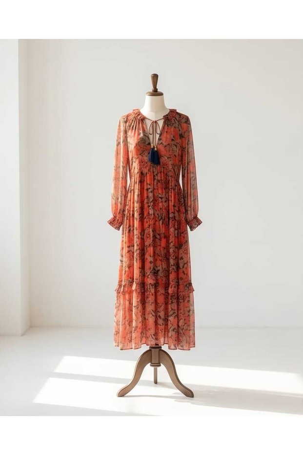 Retro Floral Motif Comfortable Cut Maxi Dress with Elastic Waist
