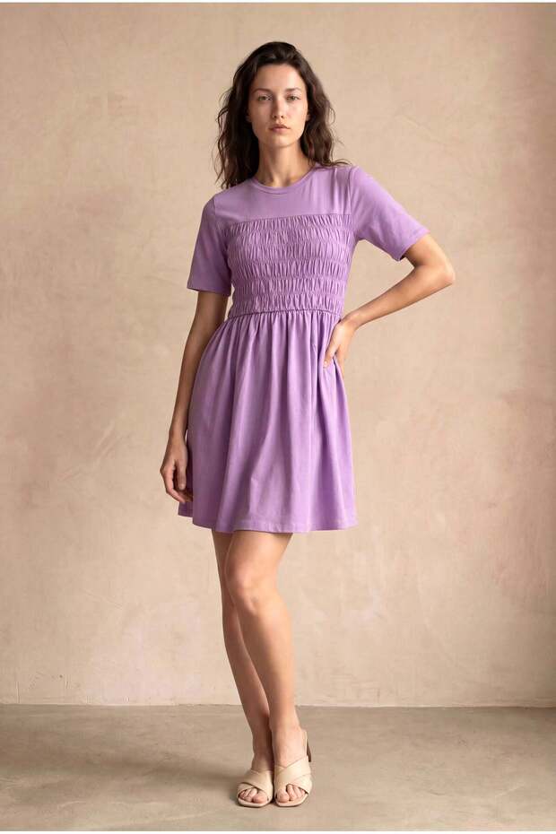 Women's Regular Fit Crew Neck Cotton / Elastane Short Sleeve Lilac Dress Claudia