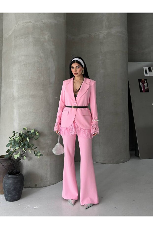 Women's Blazer Jacket Pants Set Lace Detailed Stylish Two Piece Set