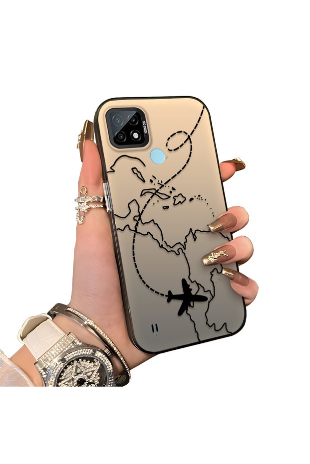 Realme C21 Compatible Travel-Themed Map Airplane Printed Impact Protective Hard Case