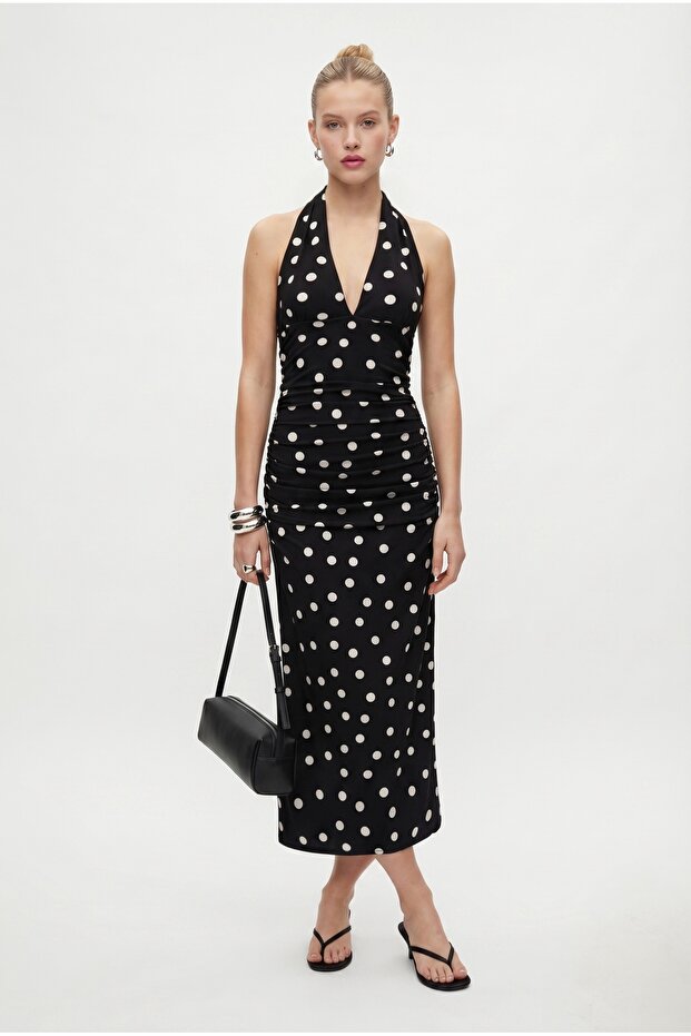 Women's Matilda Halter Neck Polka Dot Side Gathered Long Woven Black Dress