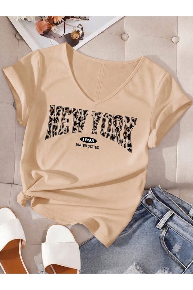 Women's New York Leopard Print V-Neck T-Shirt