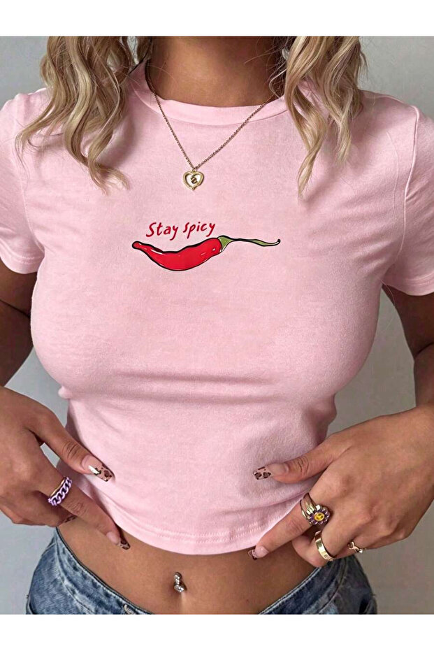 Women's Stay Spicy Printed Baby Tee Crop T-Shirt