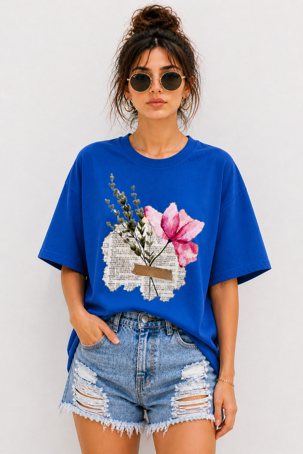 Vintage Floral Collage Printed Unisex Oversize T-Shirt – Cotton Crew Neck Casual T-Shirt