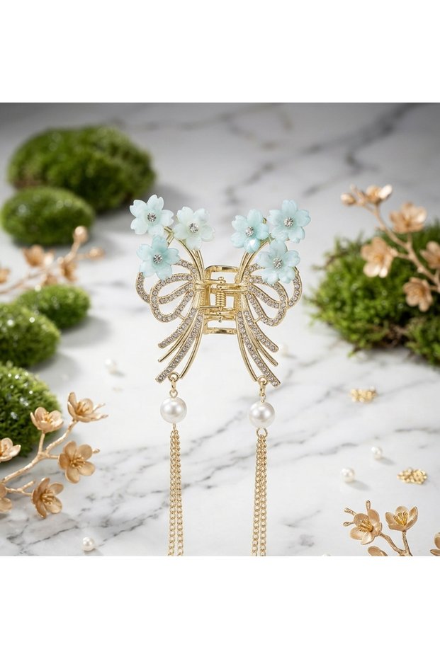 S&N Scarfs Jewelry Women's Gold Plated Floral Butterfly Hair Clip - Luxury Barrette with Pearl and Chain Dangle