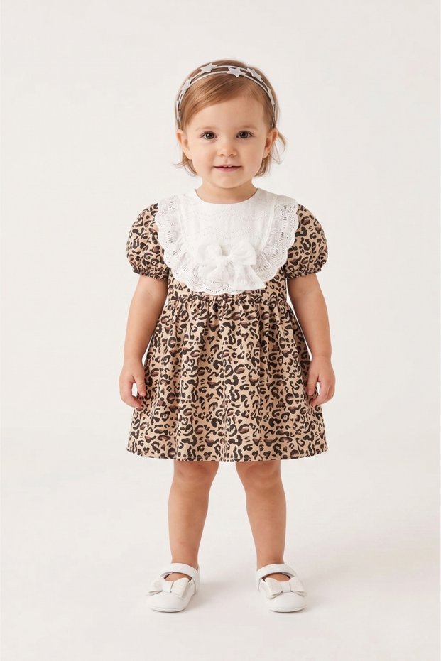 Brown Short Sleeve Scallop Detailed Bowknot Baby Girl Dress - Rosa