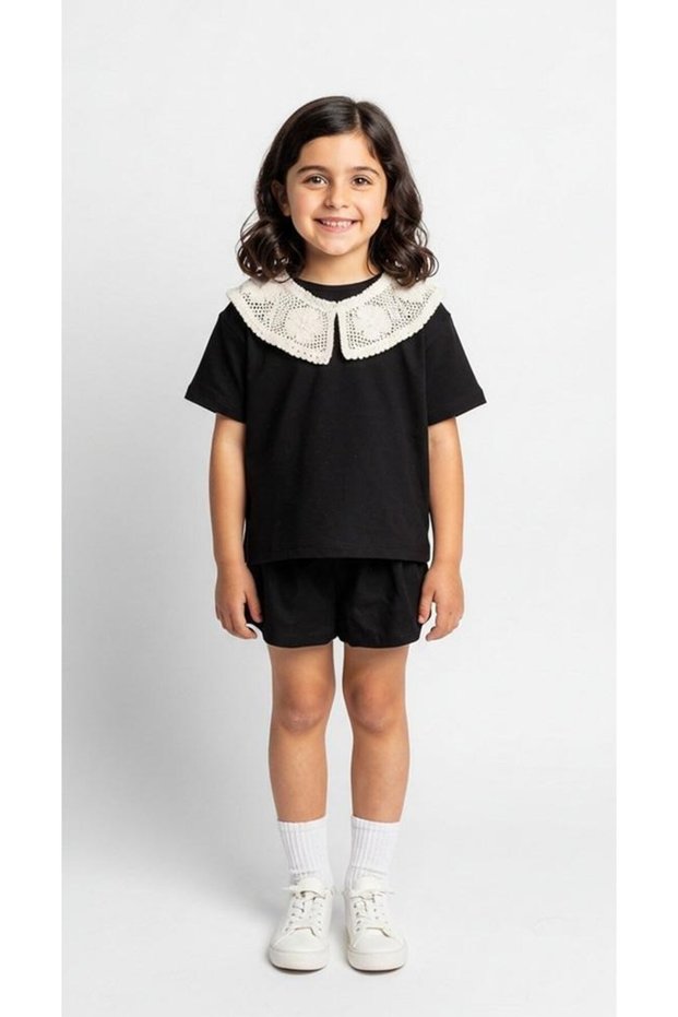 Girl's Lace Collared Black Shorts T-Shirt Set