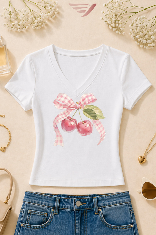 Women's Pink Cherry Printed Basic Daily Use V-Neck Slim Fit T-Shirt