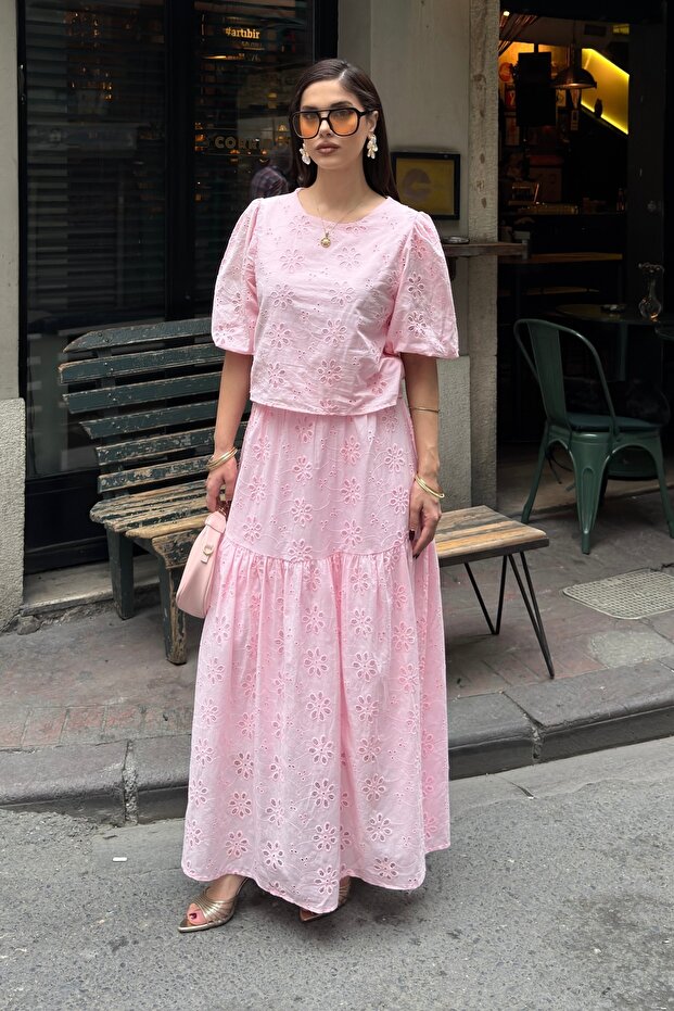 Women's Brode Balloon Sleeve Blouse Skirt Lined Bottom Top Set