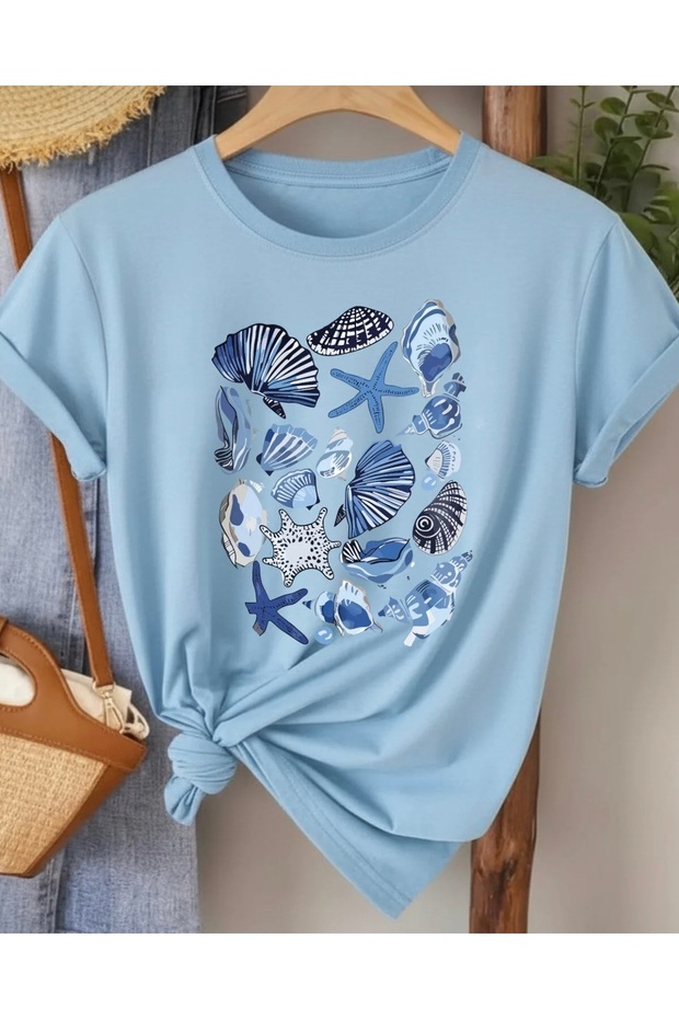 New Season Sea Shells Printed 100% Cotton Plus Size Women's T-Shirt