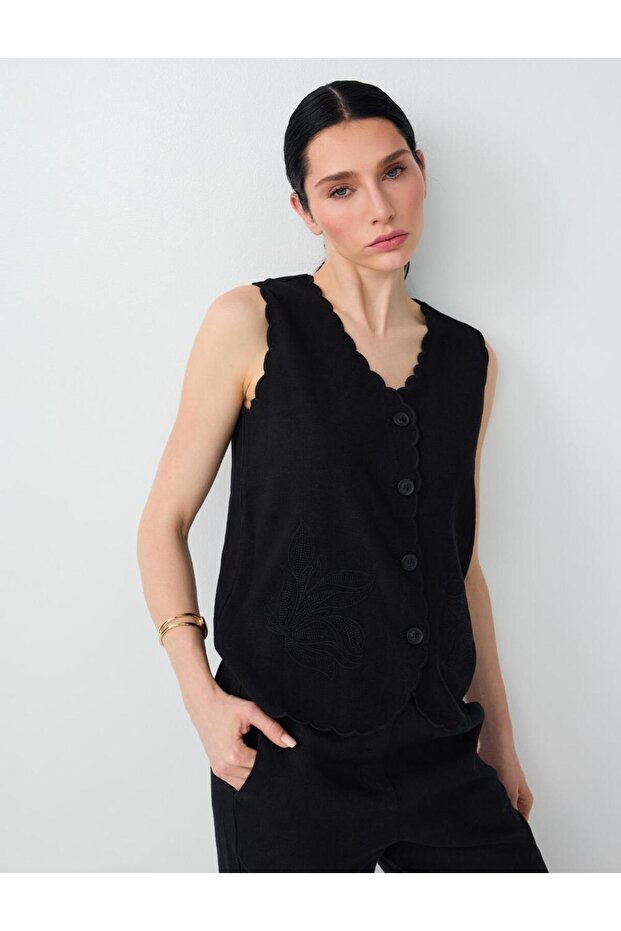 Black Linen Blend Vest with Collar Detail