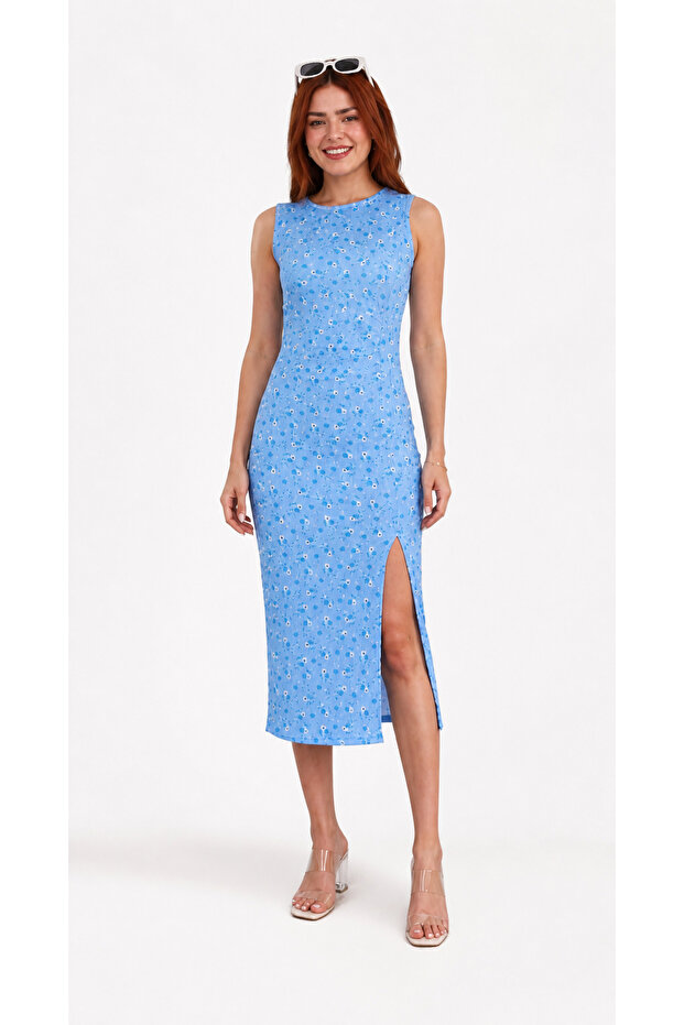 Floral Patterned Slit Midi Dress
