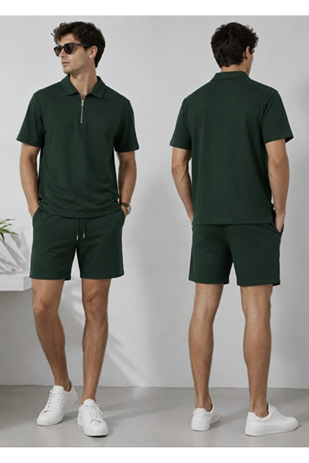 Casual Stylish Summer Vortex Fabric Zippered Polo Collar T-Shirt and Shorts Set