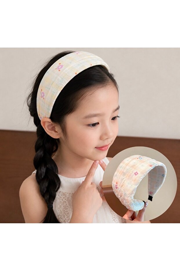 Yellow Floral Girls Wide Crown Headband Pastel Plaid Pattern Soft Fabric Bandana Crown