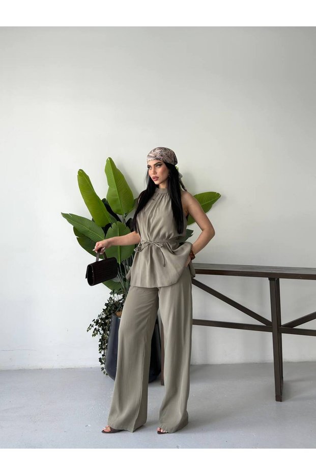 Women's Belt Detailed Loose Cut Satin Look Double Set