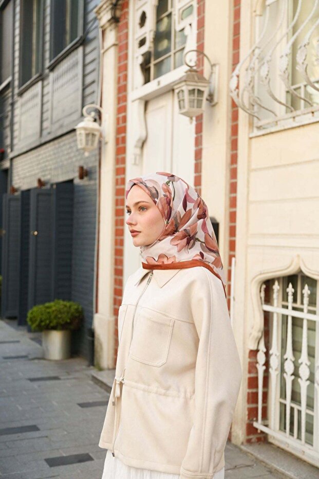 Floral Patterned Cotton Scarf Ecru-Tile