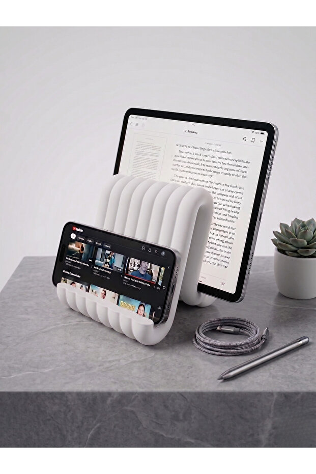 حامل هاتف وتابلت بتصميم مموج حديث، حامل مريح لسطح المكتب، ملحق ديكوري - أبيض