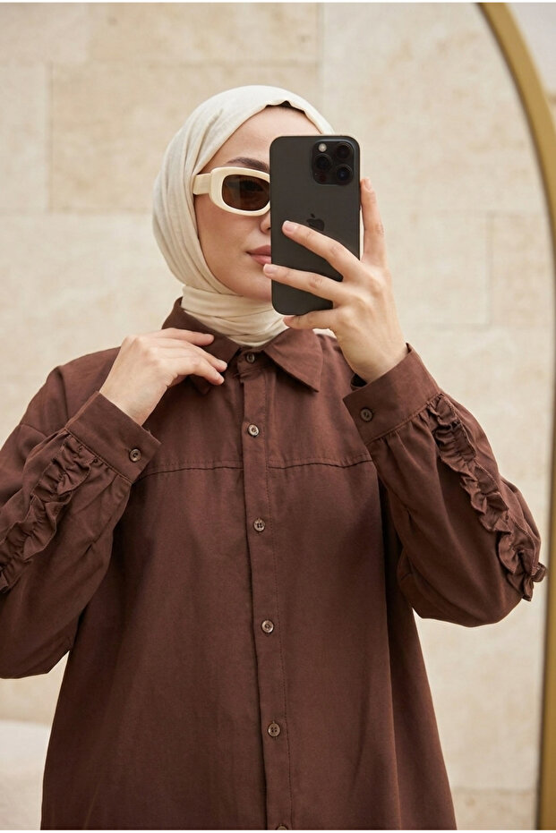 Double Stripe Ruffle Detailed Poplin Hijab Shirt