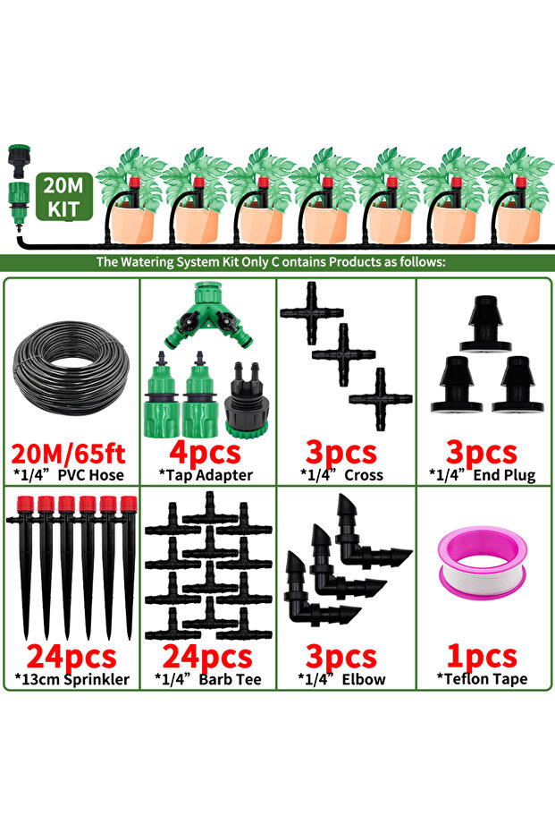 20M Garden Drip Irrigation Automatic Watering System Kit 1/4'' 13CM Sprinkler for Bonsai Pot Plant F