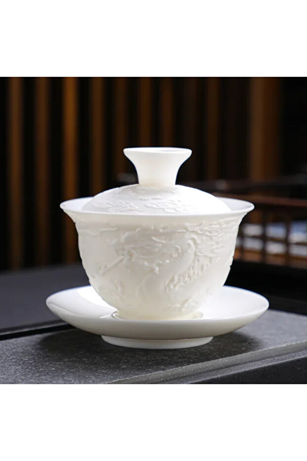<200ml Dragon White Porcelain Kung Fu Tea Set White Jade Relief Tureen Ceramic Business Gift Simple