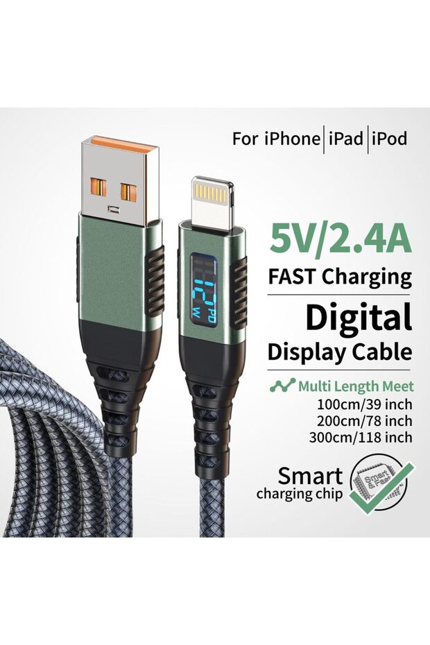 كابل شحن سريع USB-A إلى Lightning بطول 2 متر مع شاشة عرض رقمية، معتمد من MFi، مصنوع من النايلون المنسوج
