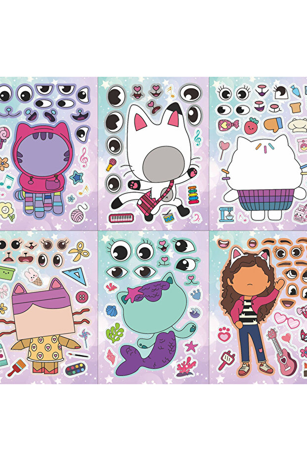 6Sheets Gabby's Dollhouse Make A Face Puzzle Stickers Cartoon Parent-child Interactive Puzzle Led...