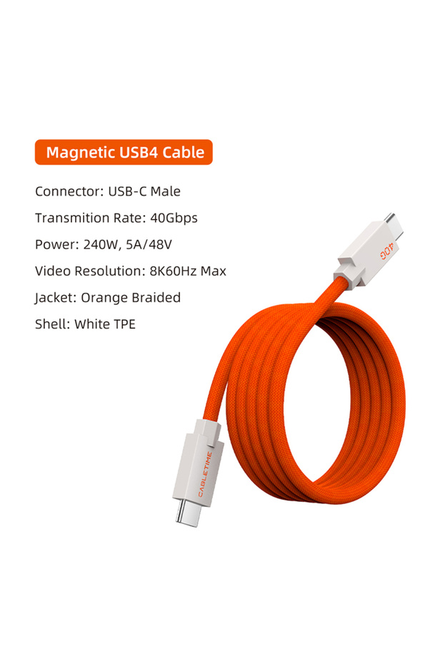 كابل USB C مغناطيسي برتقالي اللون من CABLETIME بطول 1 متر، كابل USB4 بقوة 240 واط وسرعة نقل 80 جيجابت في الثانية ودقة 8K لـ Thunderbolt 4/5 للشحن السريع