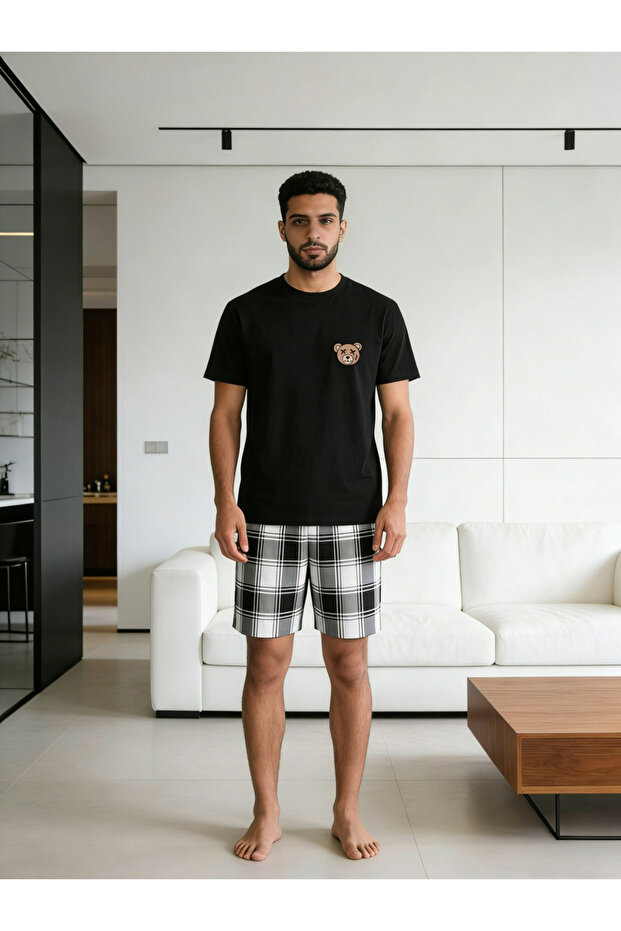 Men Round Neck T-Shirt and Checked Shorts Set