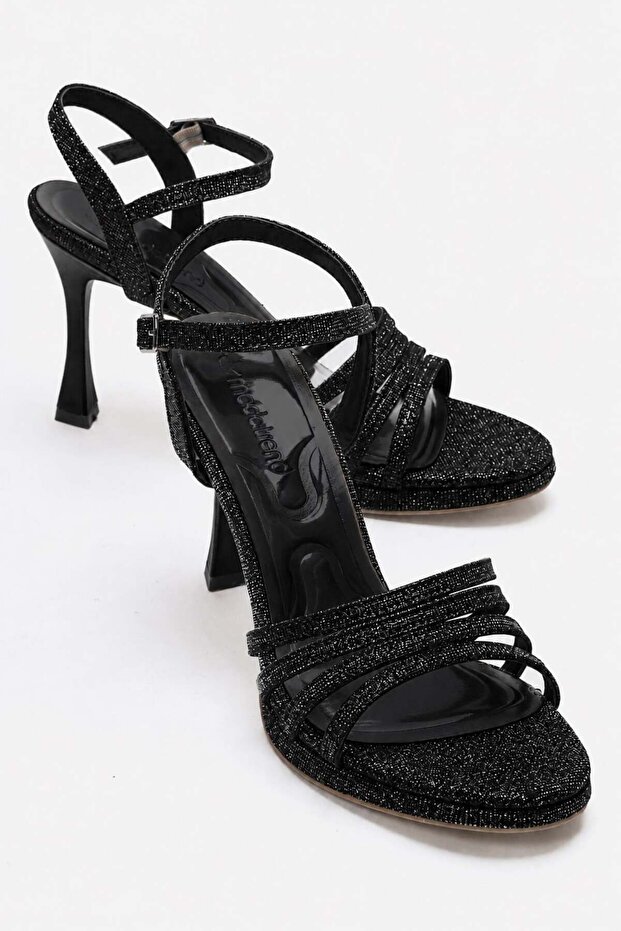 Women's 4-Strap Painted Heel Sandals; Black Glitter