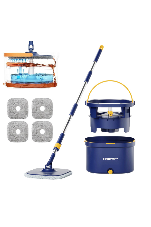 CoolMop Self Cleaning Square Spin Mop and Bucket with 5 Reusable Microfiber Pads