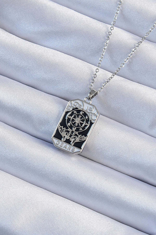 316L Steel Chain Silver Color Engraved Black Enamel Tarot Pendant