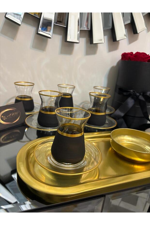 6-Person 12-Piece Gilded Black Tea Set, İrem Tea Set, 6 İrem Tea Cups and 6 Tea Plates