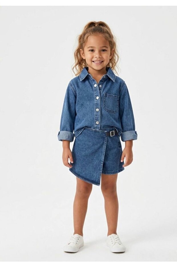 Girl's Belt-Detailed, Elasticated Denim Jeans Set
