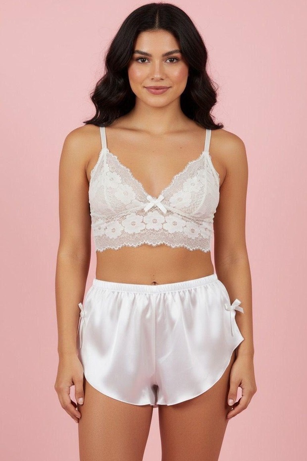 Women's Satin Shorts and Lace Bustier Set - Night Set