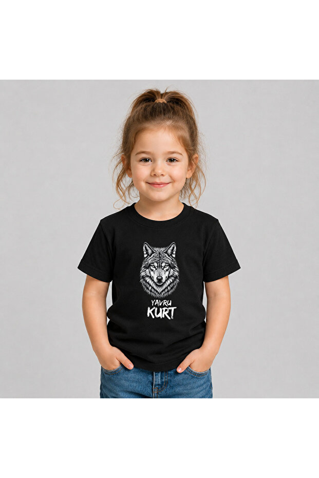 Cotton Fabric Black T-Shirt with Wolf Print and Wolf Cub Text