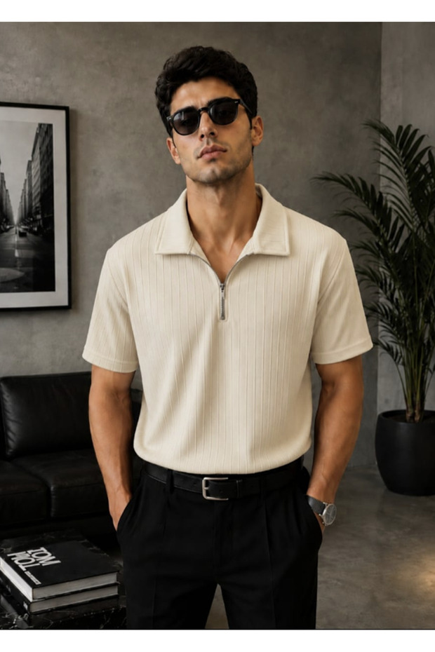 Sahra Fabric Half Zipper Striped Oversize Polo Collar T-Shirt