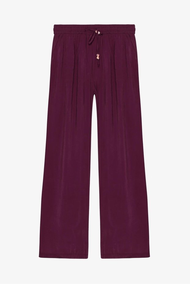 Modal Pants with Elastic Waist and Lace-Up Detail, Burgundy