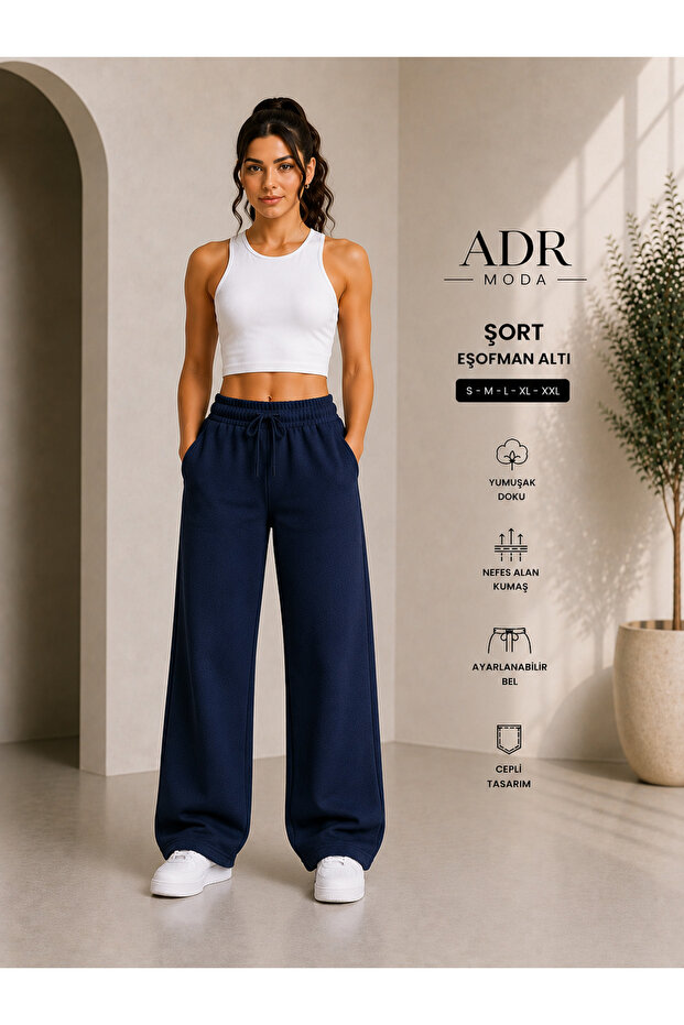 Navy Blue High Waist Wide Leg Sweatpants with Side Pockets