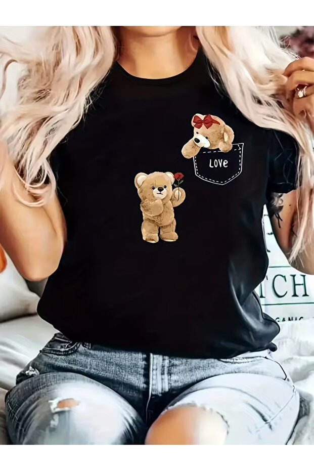 تيشيرت مريح للجنسين مطبوع بشريط مزدوج