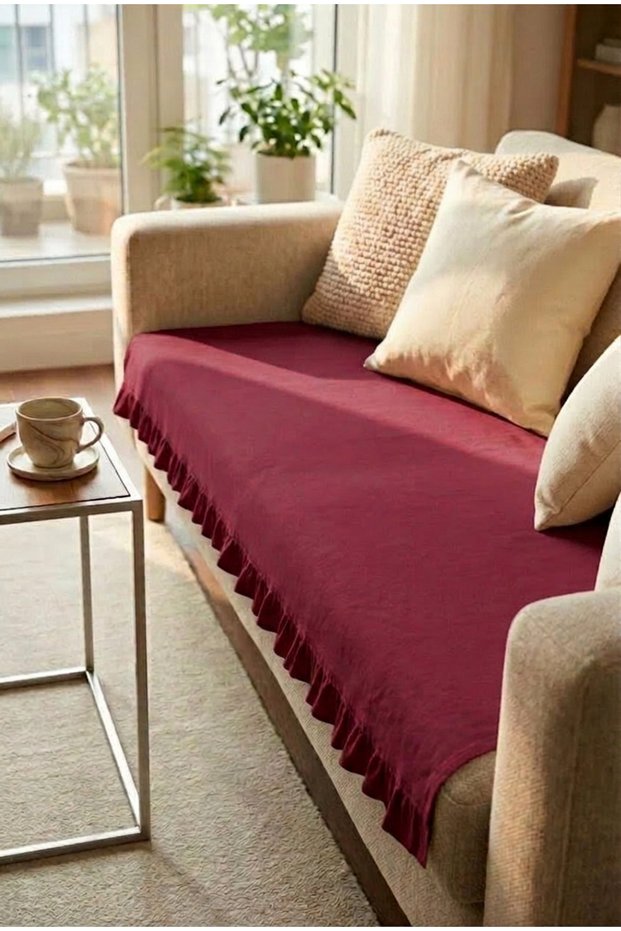 Linen Cotton Sofa Cover with Ruffles Burgundy 90X200 cm Stylish and Natural Look