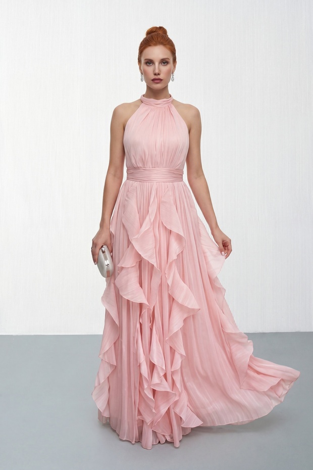 Women's Powder Halter Neck Ruffled Long Formal Dress