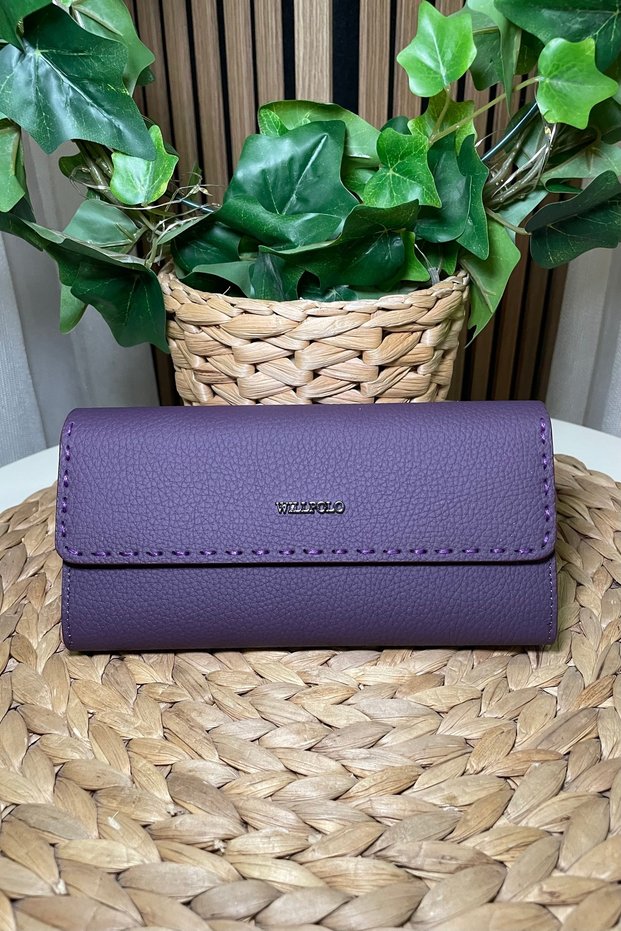 Women's Purple Color, Original Leather Wallet with Extra Card Holder Detail - Phone Compartment and Magnet