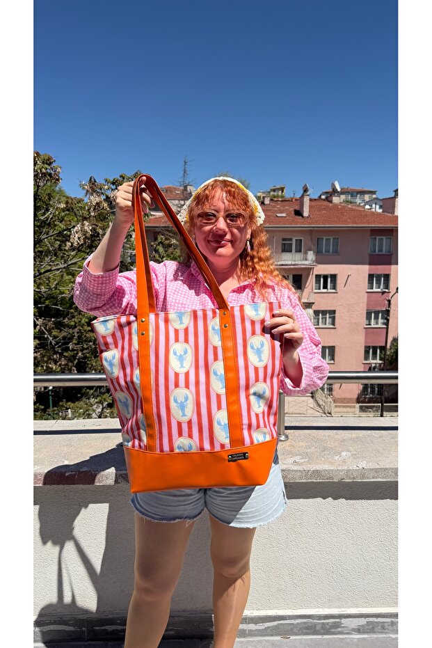 Orange Lobster Patterned Beach Bag