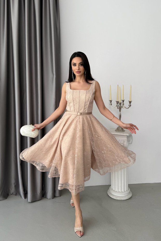 Beige Lace Embroidered Sequined Belted Square Neck Evening Dress