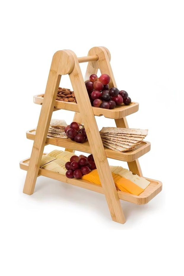 3 tier serving tray, wooden display stand collapsible easy to store three tiered cupcake stand, rectangle serving platter multi-functional tiered tray for decor party organisers cheese board