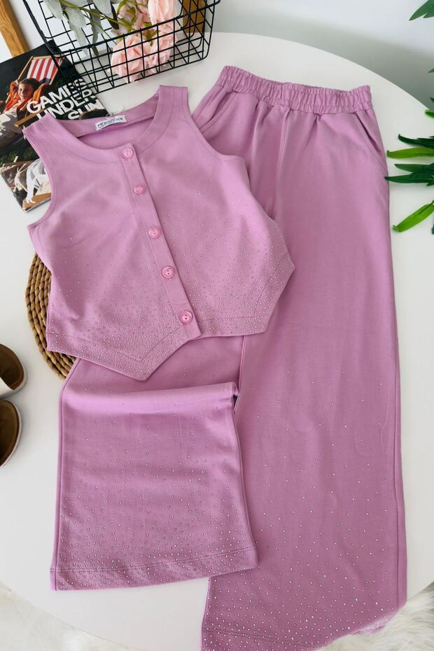 My Little One's Stones Embellished Vest, Girl's 2-Piece Set - Lilac