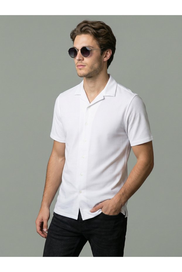 Men White Cuban Collar Short Sleeve Shirt