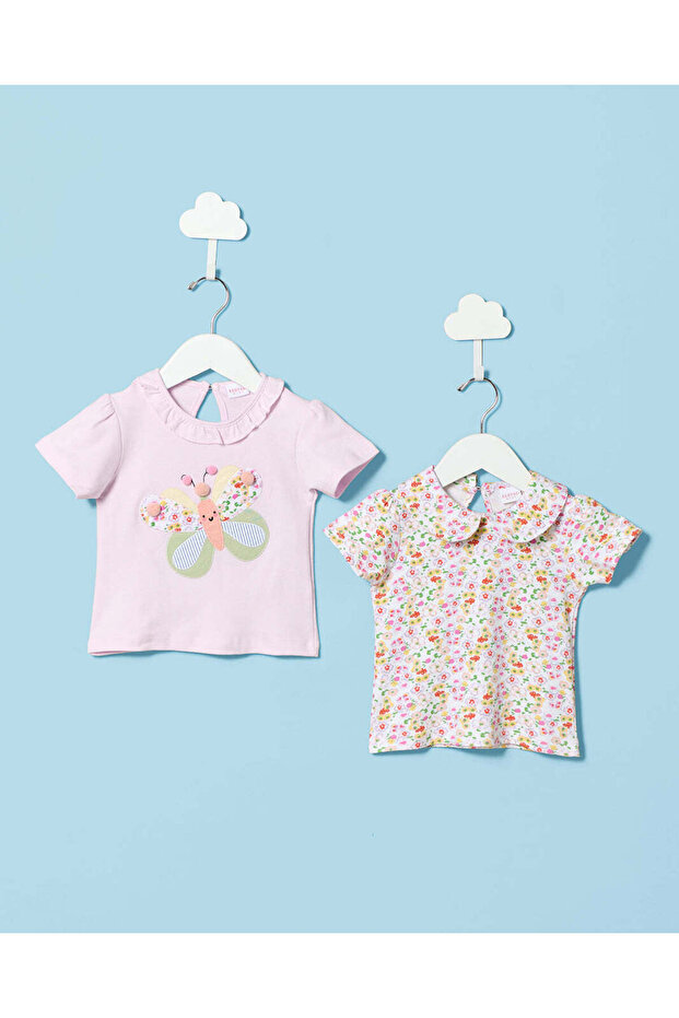 Infant Girls Lilac & White Printed Collared T-shirt
